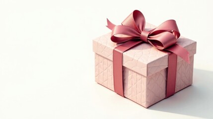 A delicately crafted pale pink gift box, adorned with a rich mauve ribbon tied in a graceful bow, rests on a pristine white surface, bathed in soft, natural light.