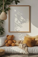 Mock up frame in children room with natural wooden furniture, Farmhouse style interior background, 3D render, Generative AI