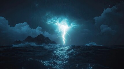 A massive lightning bolt strikes the ocean under a stormy night sky, illuminating the dark waves.