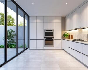 Ultramodern glassenclosed twostory kitchen with a seamless indooroutdoor design concept