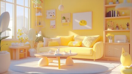 Bright yellow living room filled with sunlight and cheerful d?cor