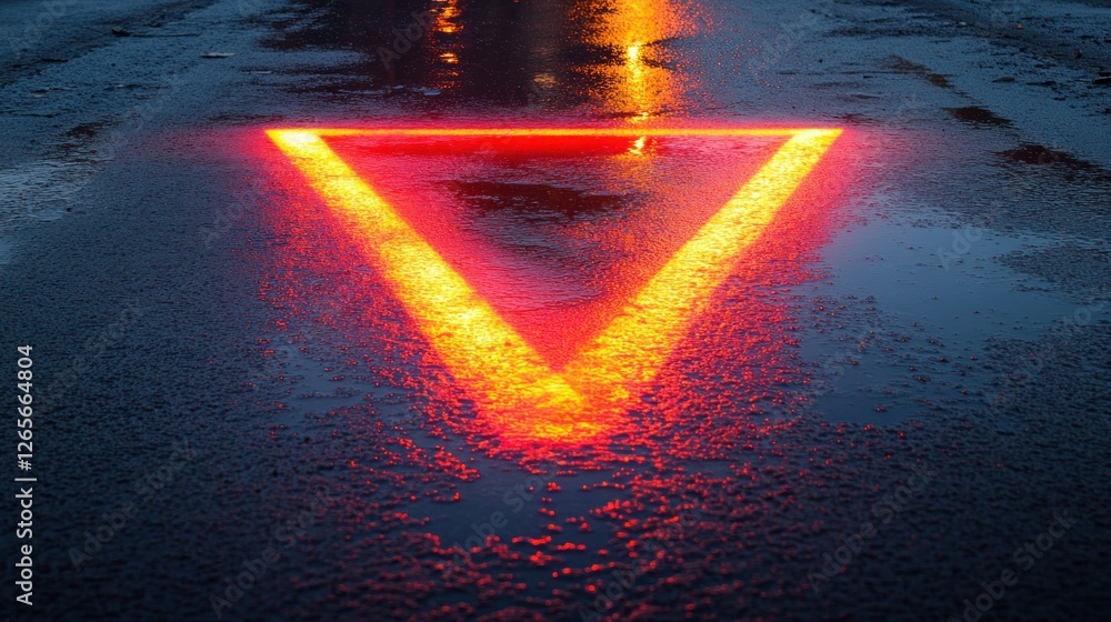 Poster illuminated triangle on wet pavement: an abstract geometric pattern
