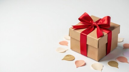 Obraz premium A thoughtfully presented gift box adorned with a vibrant red ribbon, surrounded by delicate confetti, conveys a sense of celebration and joy.
