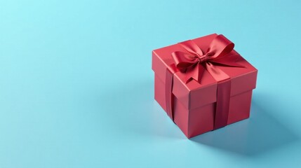 Obraz premium A Crimson Gift Box with a Lush Satin Bow on a Light Blue Background, Symbolizing Celebration and Generosity