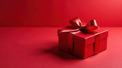 A crimson gift box adorned with a rich satin ribbon, a symbol of heartfelt appreciation and joyous celebration on a matching backdrop