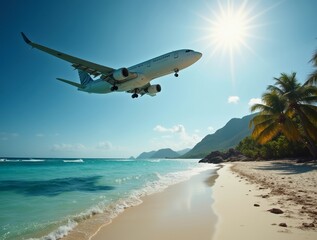 Naklejka premium Airplane soaring over tropical beach paradise