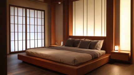 Obraz premium Peaceful bedroom interior features wooden elements and soft lighting