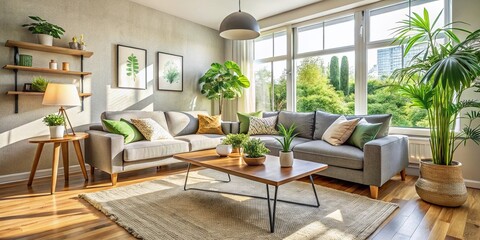 Fototapeta premium Cozy Living Room Interior Design with Green Plant, Sofa & Coffee Table Stock Photo