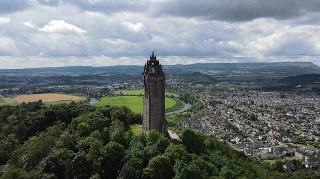 Aerial views of the National Wallace Monument Stirling, Scotland.