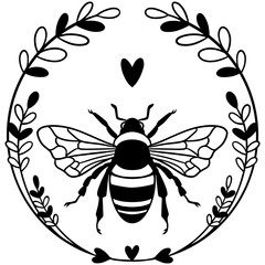 Stylish black and white vector illustration of a bee with delicate wings, framed by a botanical wreath with heart accents. Perfect for tattoos, prints, stickers, nature-inspired designs, and branding.