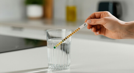 Testing water quality with pH strip in a modern kitchen during a sunny afternoon
