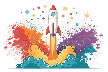 Vibrant Rocket Launch Concept With Colorful Paint Splashes and Creativity