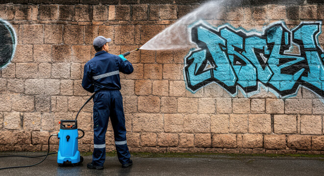 Pressure washing graffiti from a stone wall in an urban area during daylight