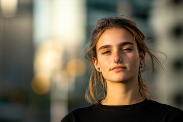 Obraz premium portrait of young woman with nose ring and ear piercings standing confidently against blurred urban background