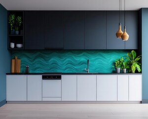 Underwaterinspired twostory kitchen with oceanic hues, wavelike design elements, and immersive lighting