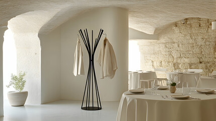 Modern coat rack in minimalist restaurant
