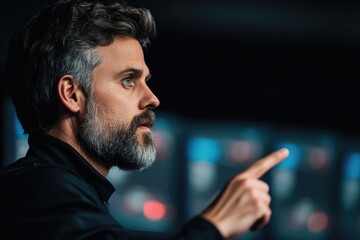 portrait of esports coach guiding players pointing at screen blurred gaming monitors in background copy space