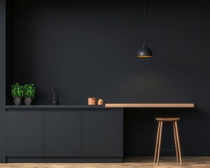 Dramatic contemporary twostory kitchen with moody lighting, deep color tones, and avantgarde architecture