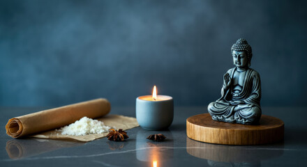 Serene meditation space with Buddha statue, candlelight, and aromatic elements for relaxation and mindfulness practices