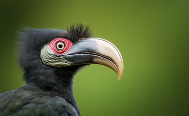Obraz premium A striking black hornbill with a large curved beak and deep red eyes staring intensely against a soft green background.