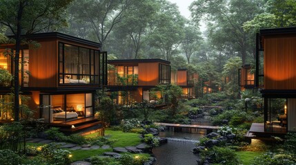 Modern wooden cabins nestled in a lush forest resort