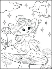 Black and white fairy coloring pages for kids. Children's coloring books with cute cartoon fairy characters, fun and educational materials for kindergarten.
