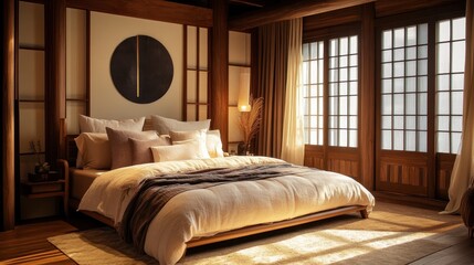 Obraz premium Beautiful bedroom with asian style wood features and soft lighting