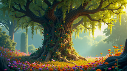 Obraz premium Enchanted Ancient Tree with Twisting Roots and Vibrant Wildflowers in a Magical Forest