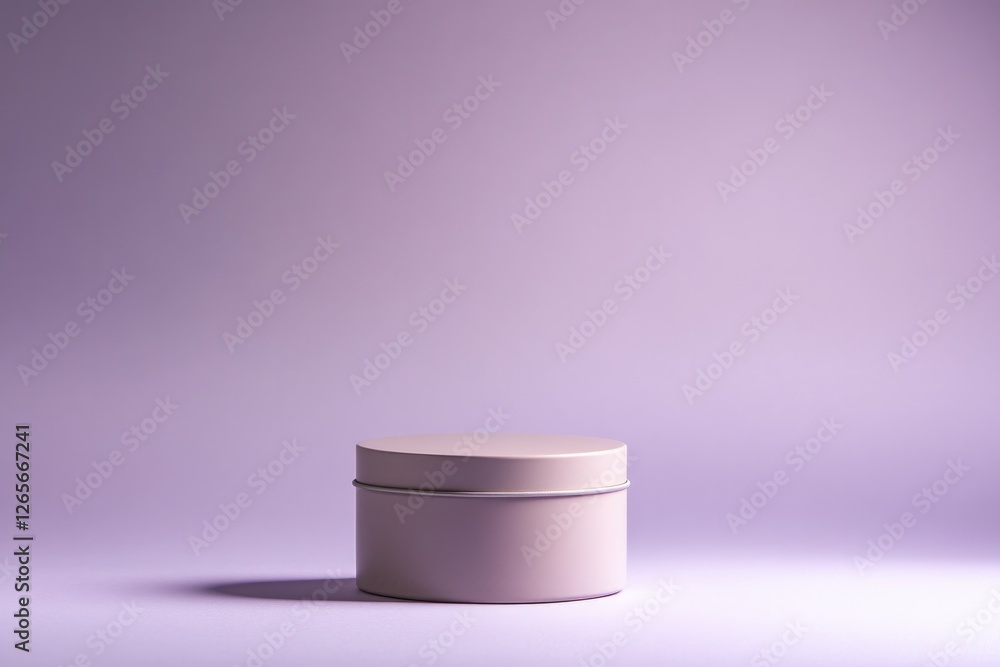 Poster round tin with removable lid centered on muted lavender solid background with even lighting and wide
