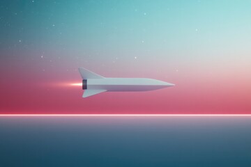 retro-style spacecraft hovering over neon-lit landscape surrounded by stars and glowing horizon with ample copy space