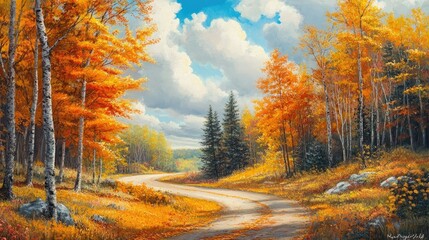 Fototapeta premium A peaceful country road meanders through a forest of orange, yellow, and red autumn leaves on a sunny day.