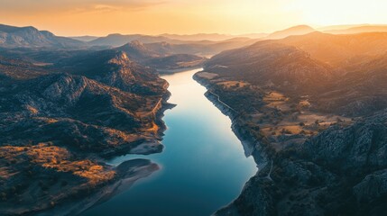 A peaceful river cutting through rugged mountains, its waters shimmering under the golden hues of a sunset.
