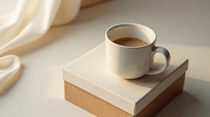 A warm beverage in a pristine white mug rests atop a subtly textured gift box, bathed in soft, natural light, alongside a delicate, flowing fabric, creating a serene and minimalist scene.