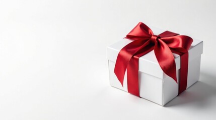A pristine white gift box adorned with a vibrant crimson ribbon, a symbol of thoughtful presentation and joyous celebration