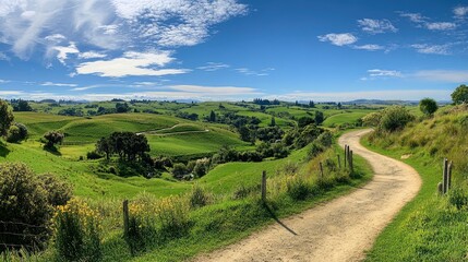 A picturesque winding pathway meandering through rolling green hills, with a bright blue sky and scattered clouds.