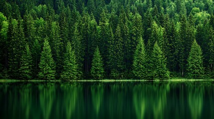 Obraz premium Evergreen Forest Reflecting in Calm Lake Water