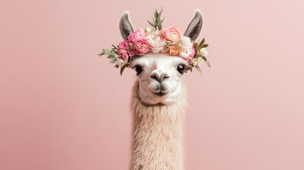 Fototapeta premium A playful llama with a pastel-colored flower crown, exuding charm and elegance on a soft pink background.