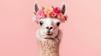 Obraz premium A playful llama with a pastel-colored flower crown, exuding charm and elegance on a soft pink background.