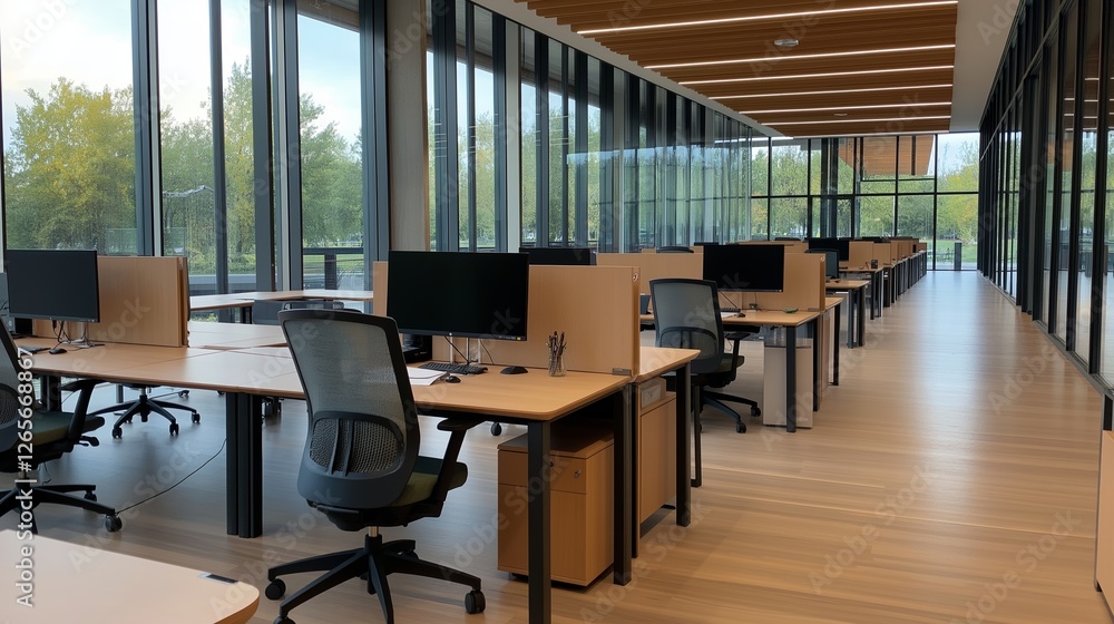 Poster modern office space with large windows and minimalistic desks during daytime hours