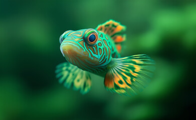Obraz premium A mesmerizing mandarin fish with intricate neon-green and orange patterns swimming in a lush green aquatic environment. 