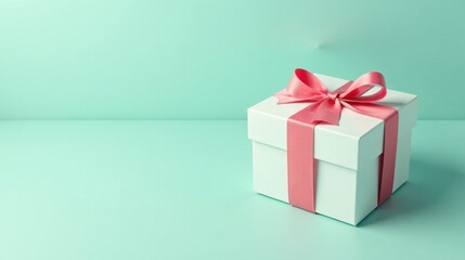 Fototapeta premium A Single Elegant Gift Box with a Delicate Pink Ribbon on a Soft Mint Background