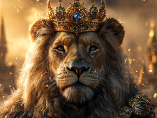 lion wearing an elaborate golden crown adorned with jewels, surrounded by a regal red and gold robe, exuding an aura of royalty and power.
