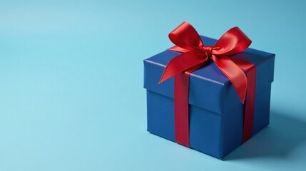 Obraz premium A cobalt blue gift box with a vibrant crimson ribbon, elegantly presented against a serene light blue backdrop