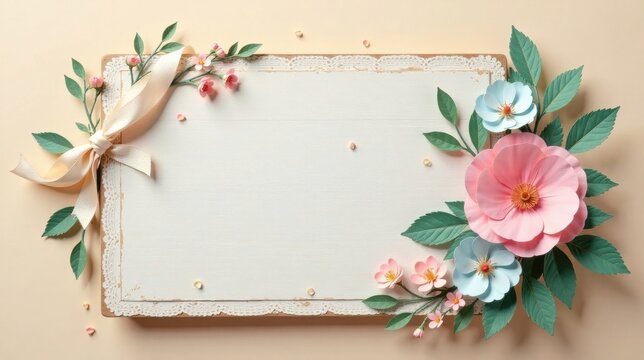 Elegant floral arrangement with a delicate ribbon and blank sign perfect for springtime announcements or heartwarming messages