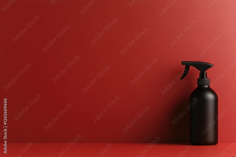 Poster sleek depiction of spray bottle with pump positioned on vibrant red solid background with soft shado
