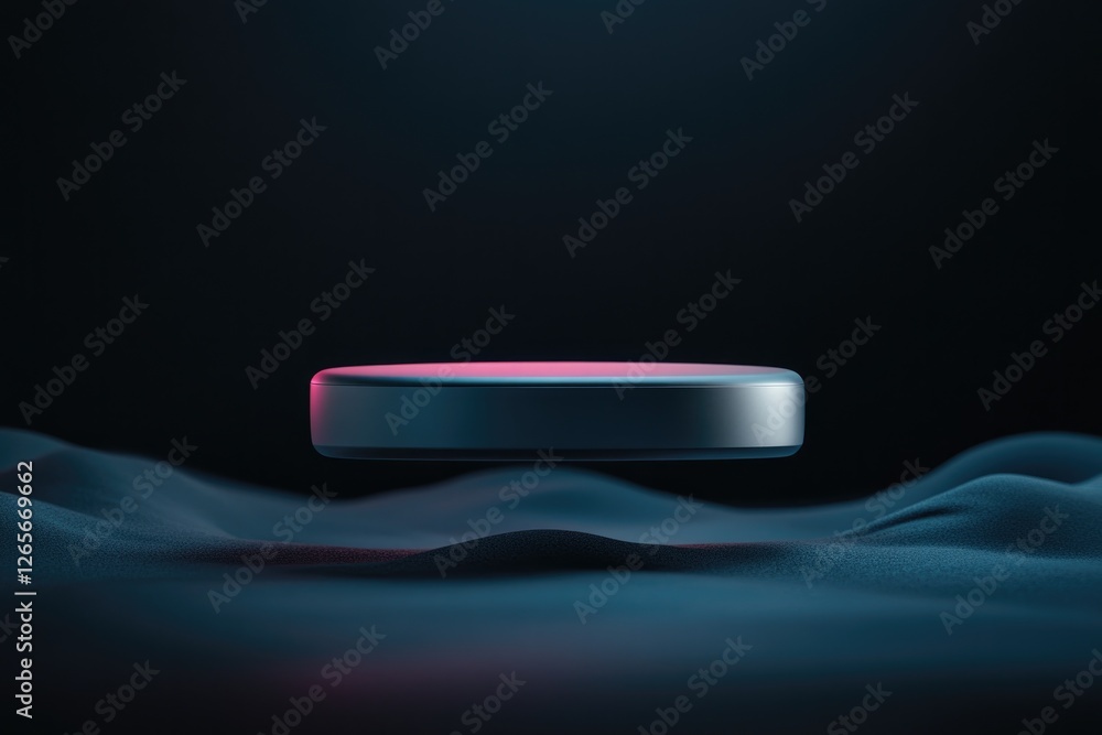 Poster sleek metallic pod floating in dark environment with subtle neon highlights surrounded by ample copy