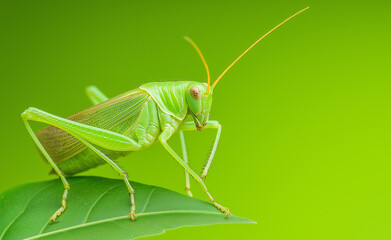 A vivid green grasshopper perched on a leaf, displaying its intricate body structure against a soft blurred green background.