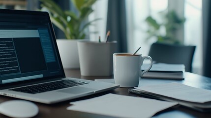 Fototapeta premium Workspace with laptop, coffee cup, and documents in a cozy indoor setting