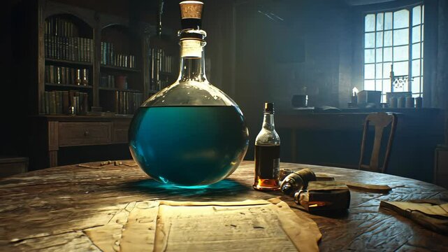 Mysterious blue potion on wooden table in dimly lit alchemist's workshop at dusk