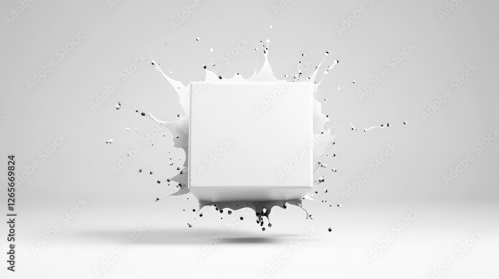 Poster dynamic scene of a white cube surrounded by fluid splash elements